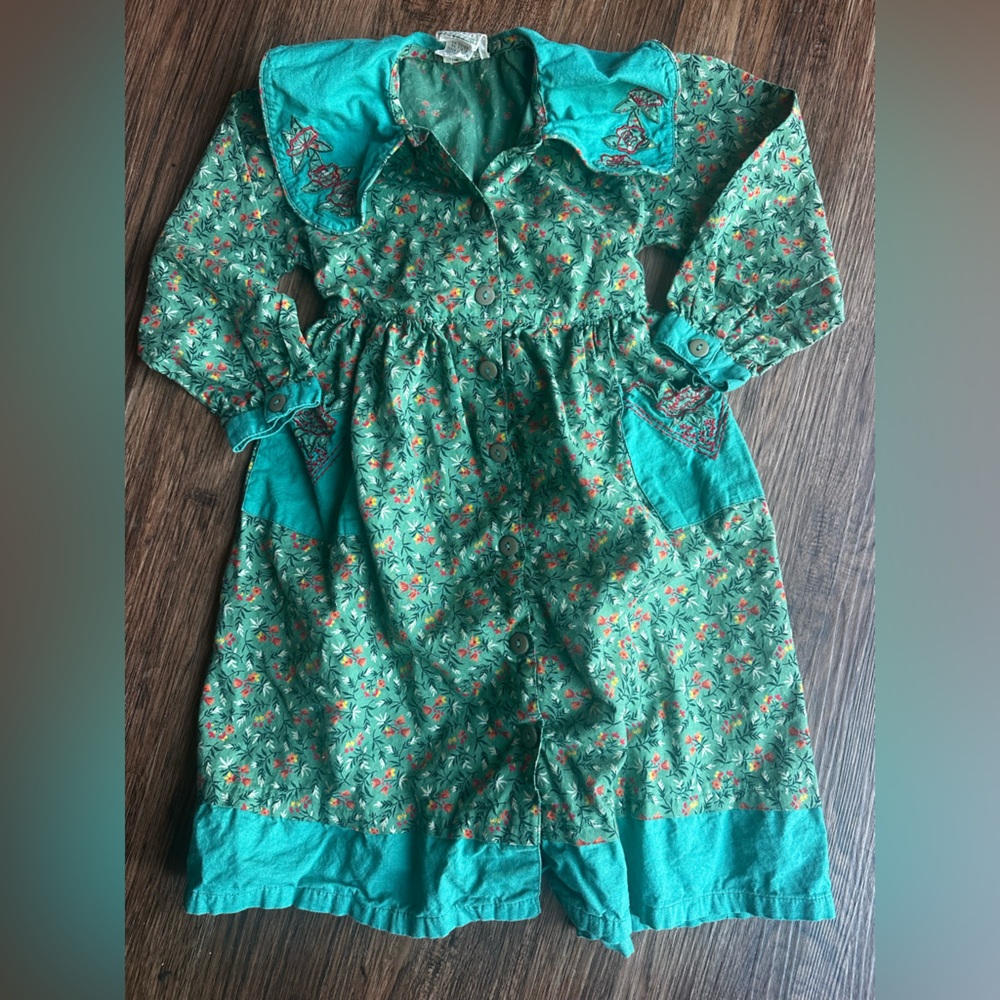 Vintage Corneliani Teal Floral Embroidered Girls Dress size 3/4